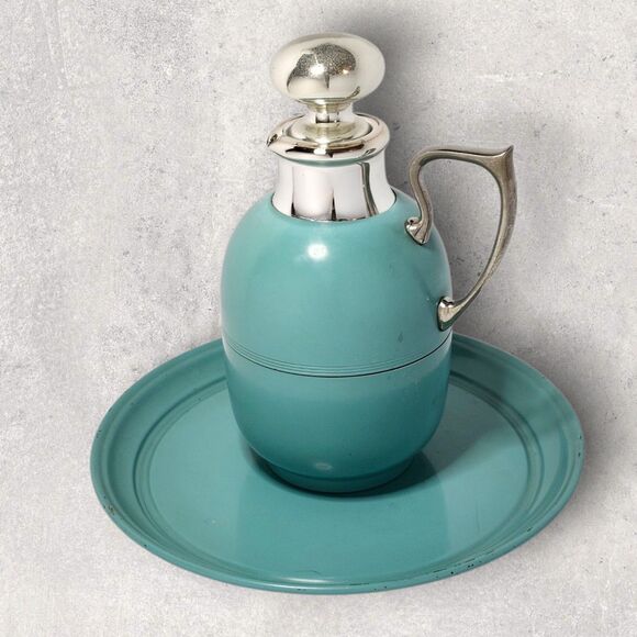 Vintage Manning Bowman Art Deco Turquoise Thermos & Tray w/ Glass Stopper Chrome - Picture 3 of 16